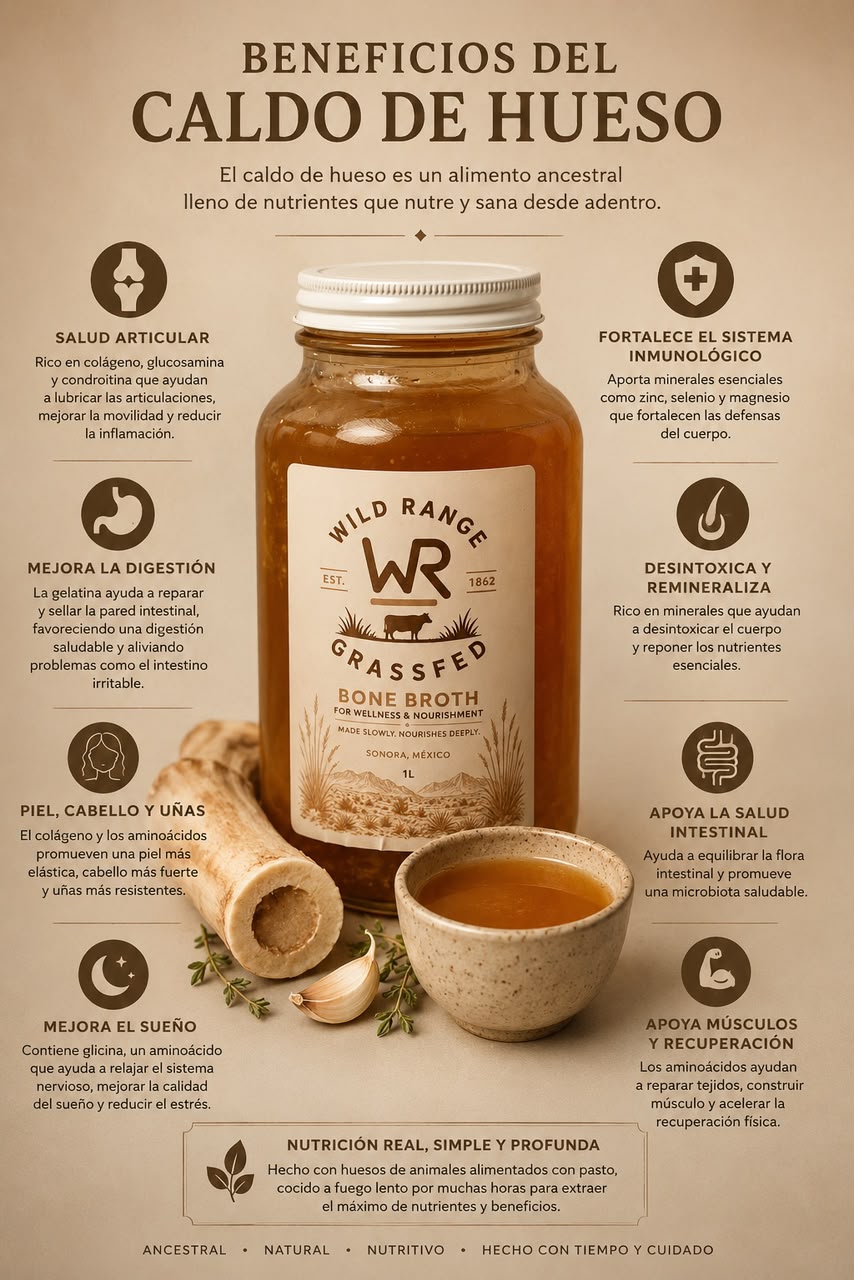 Infografía de beneficios de Caldo de Hueso 1 L
